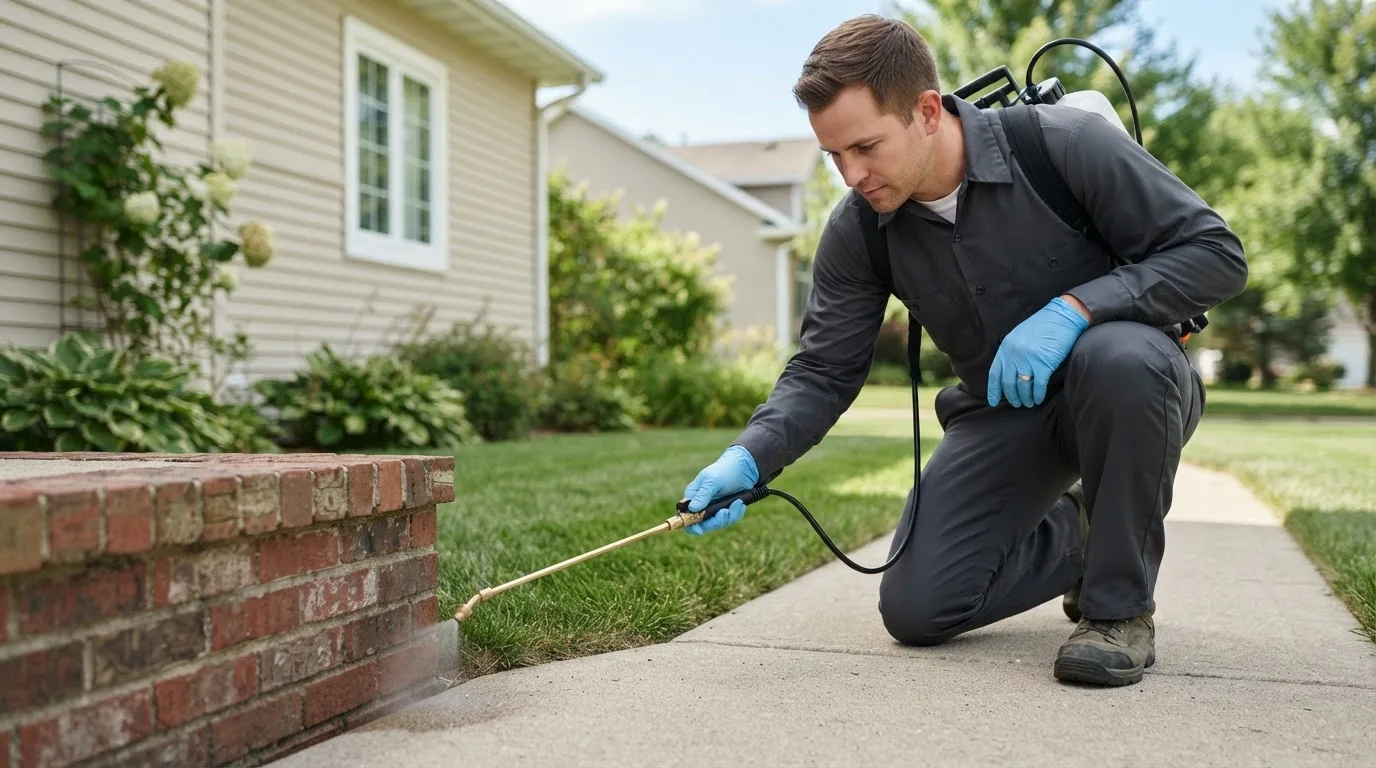 Pest control technician treating a home near Foss, OK