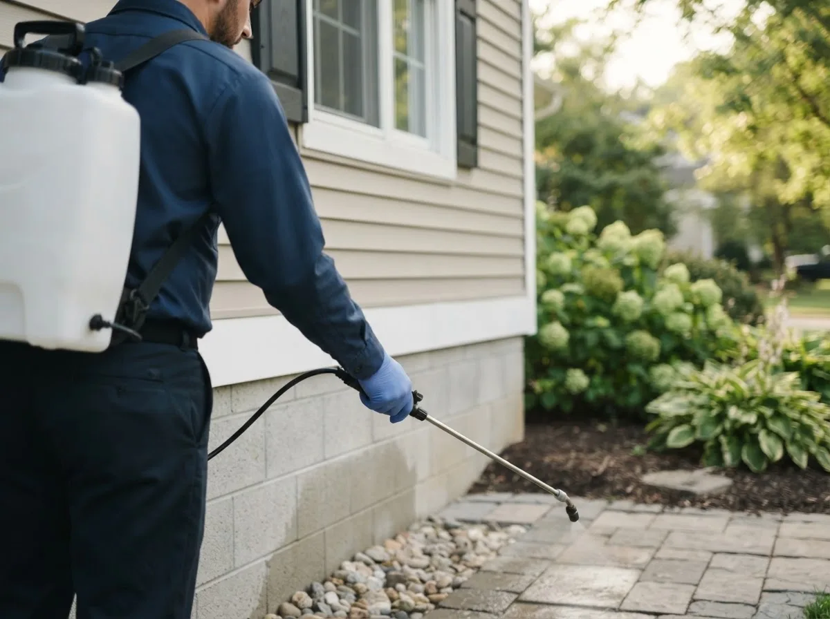 Pest control technician inspecting a home in Foss, OK